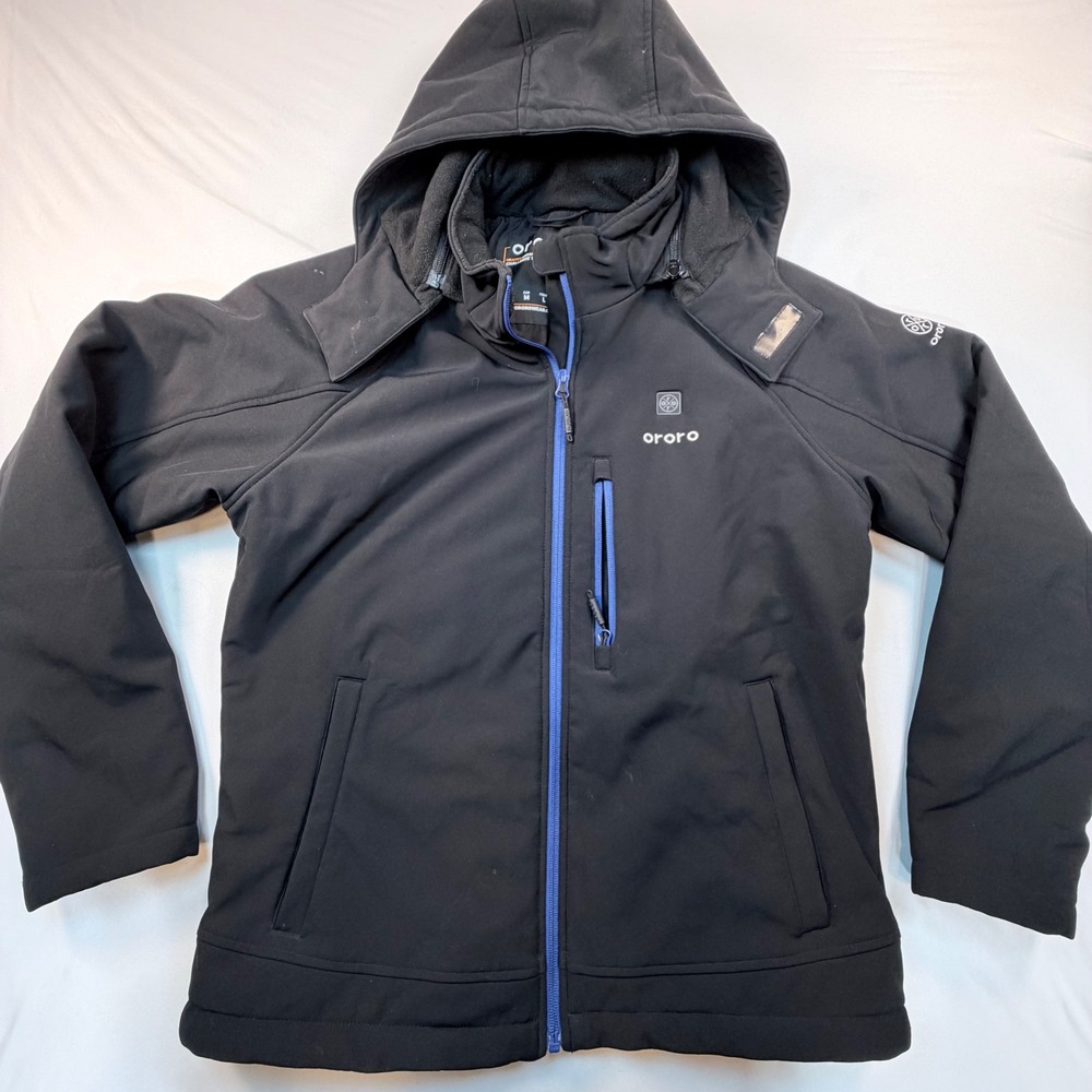 ORORO Men's M Heated Softshell Jacket Black Blue Hooded Tested No Battery